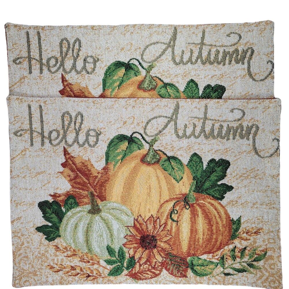 Fall Pumpkin Tapestry Placemats Autumn Sunflower Leaves Wheat Orange Green Gold